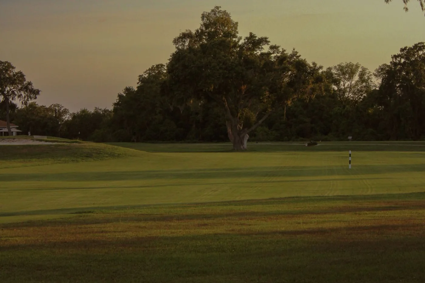 Campo de golf con bandera al atardecer.